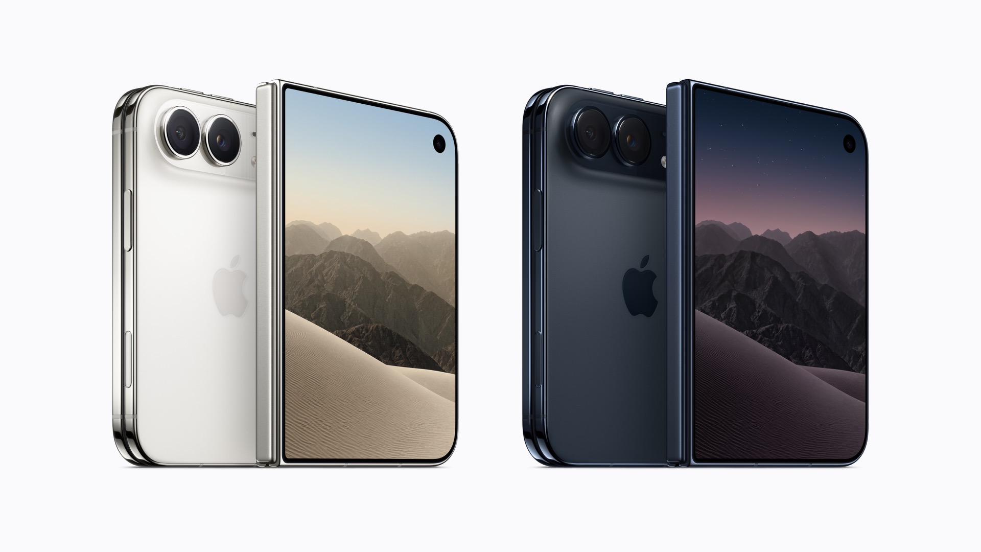 iPhone Duo in Star White and Night Sky, shown from the back and from the cover display