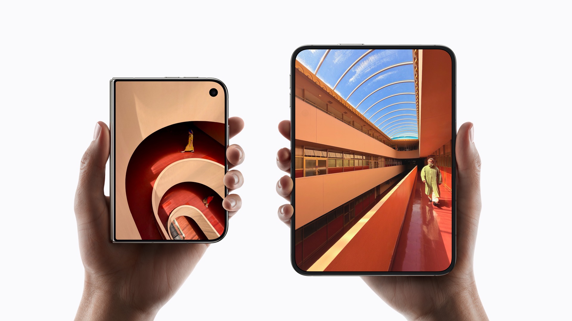iPhone Duo shown closed with the 5.4-inch cover display and open with the 7.6-inch inner display