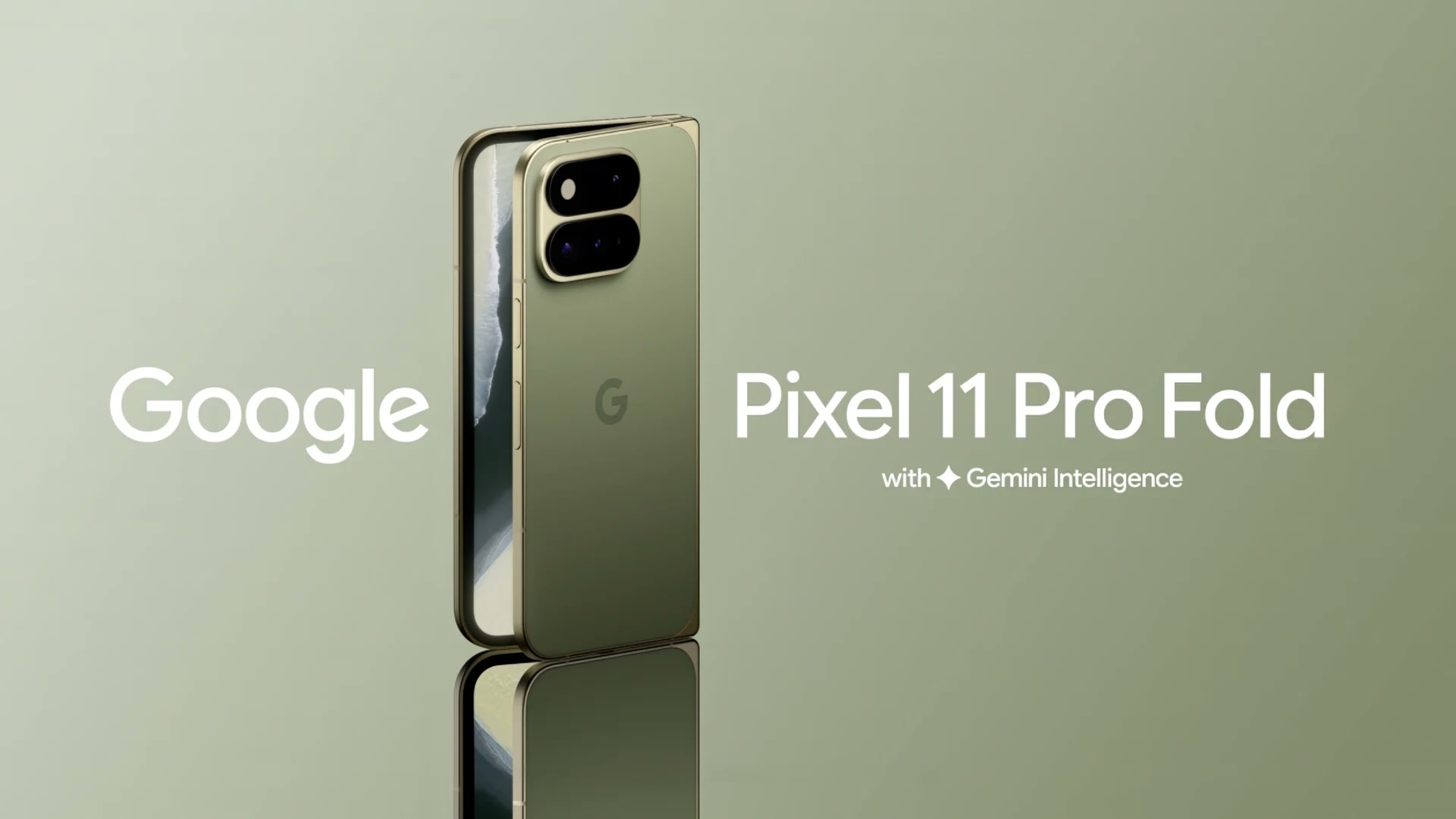 Google Pixel 11 Pro Fold vo farbe Olive, zložený, vedľa nápisu Pixel 11 Pro Fold