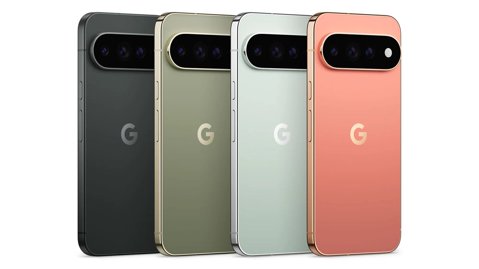 Rückseiten des Pixel 11 Pro in Obsidian, Olive, Fog und Canyon