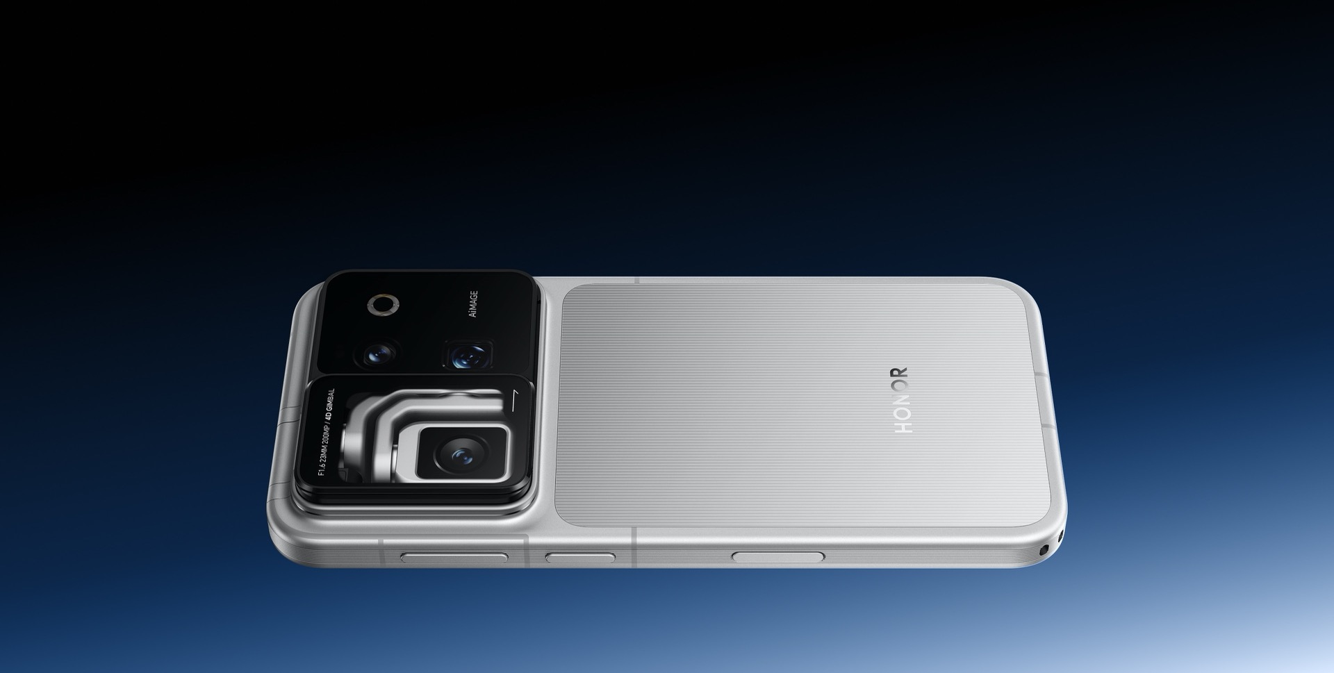 HONOR Robot Phone appoggiato sul dorso, con il modulo fotografico a tutta larghezza e il gimbal richiuso a filo
