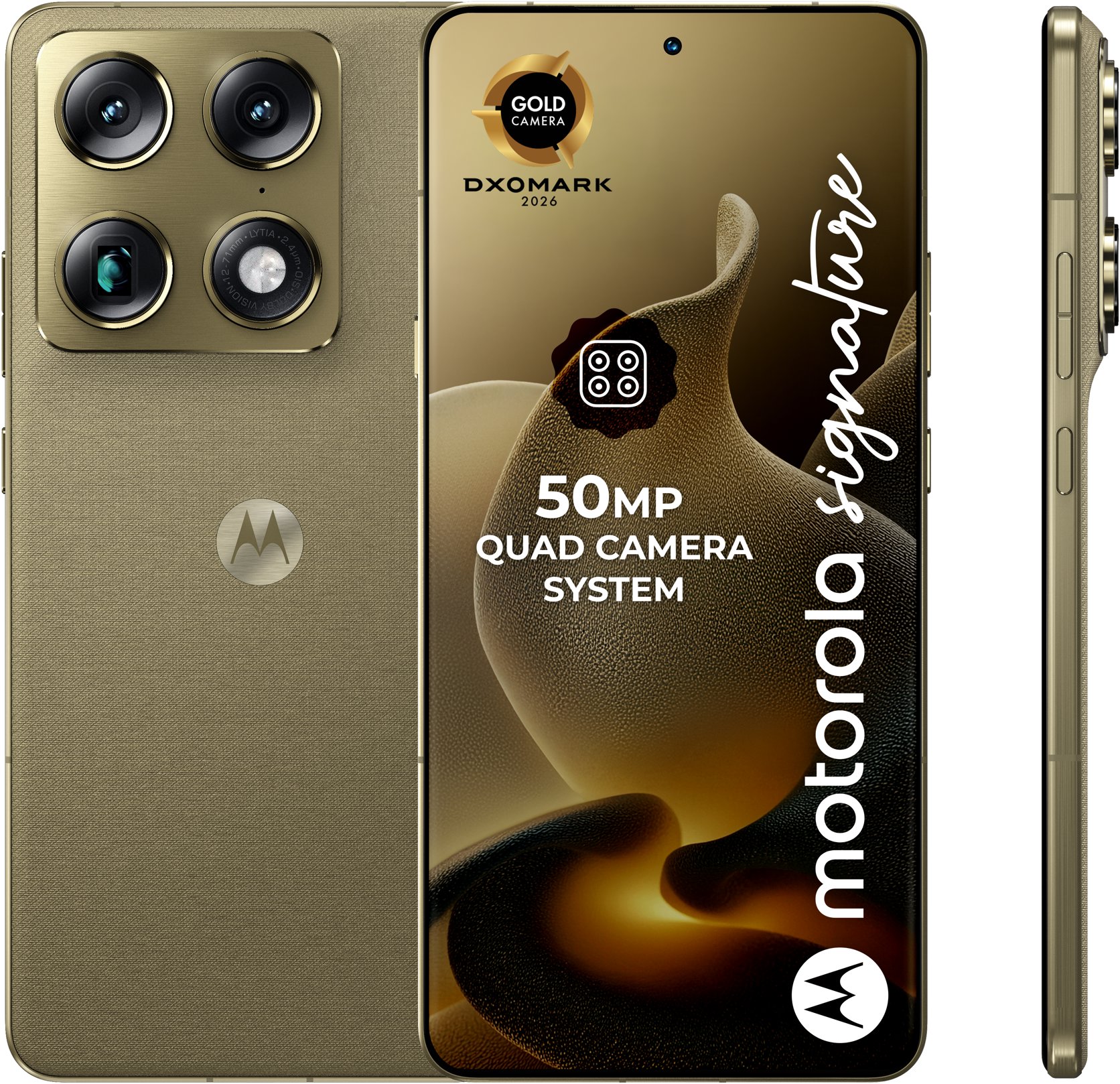 Motorola Signature en PANTONE Martini Olive, parte delantera y trasera