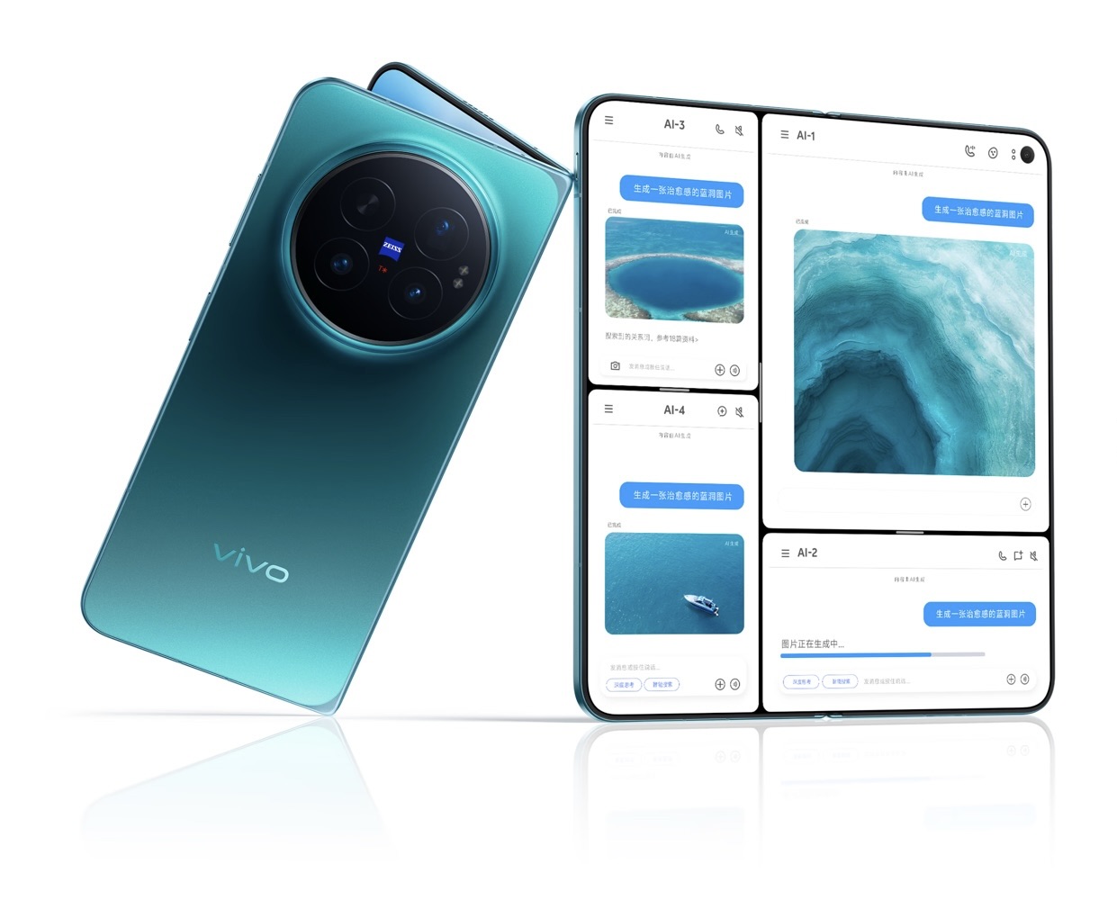 vivo X Fold6 en color Blue Hole, mostrado cerrado con su módulo de cámara ZEISS circular